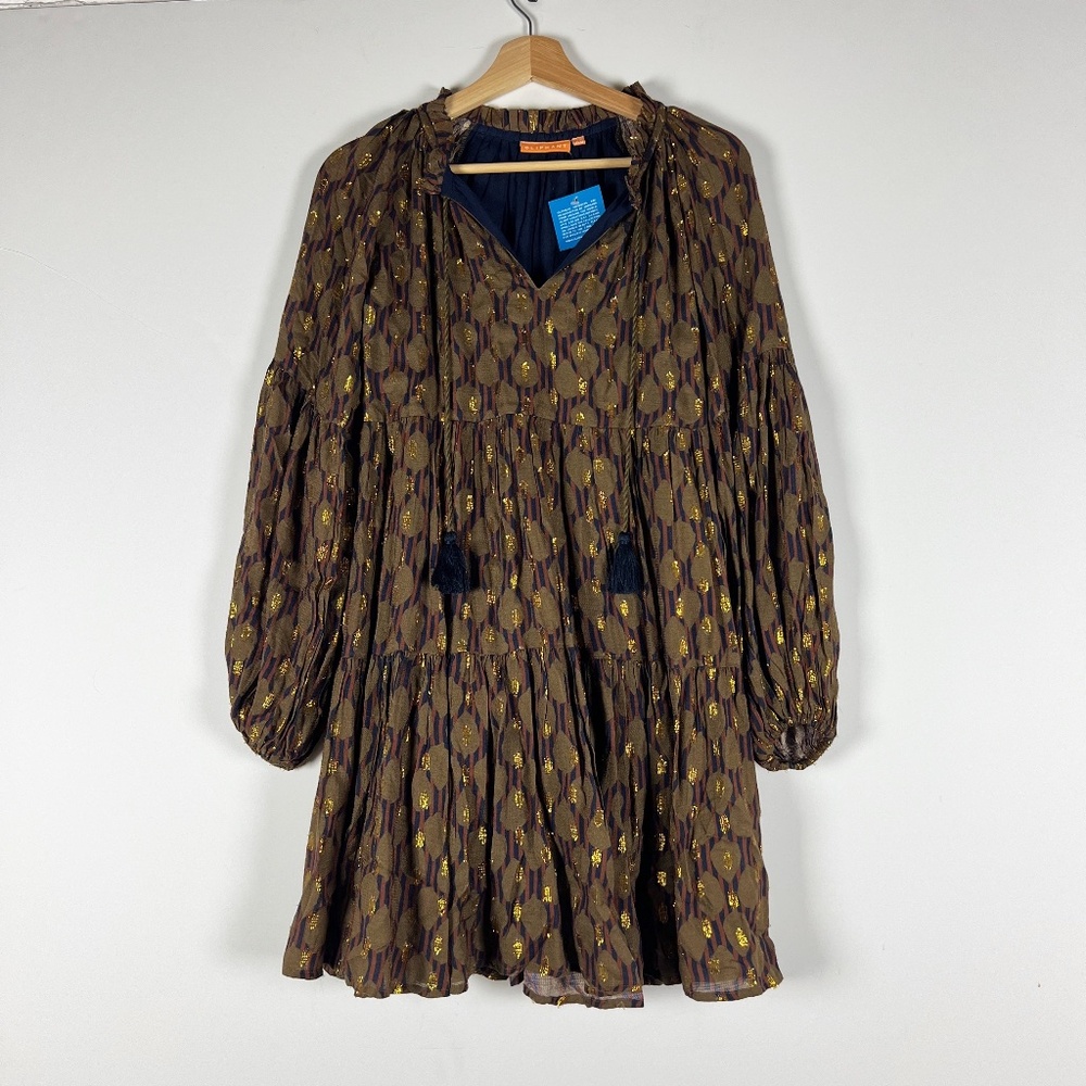 NEW Oliphant Fig Balloon Sleeve Chiffon Tiered Pullover Mini Dress Metallic XS